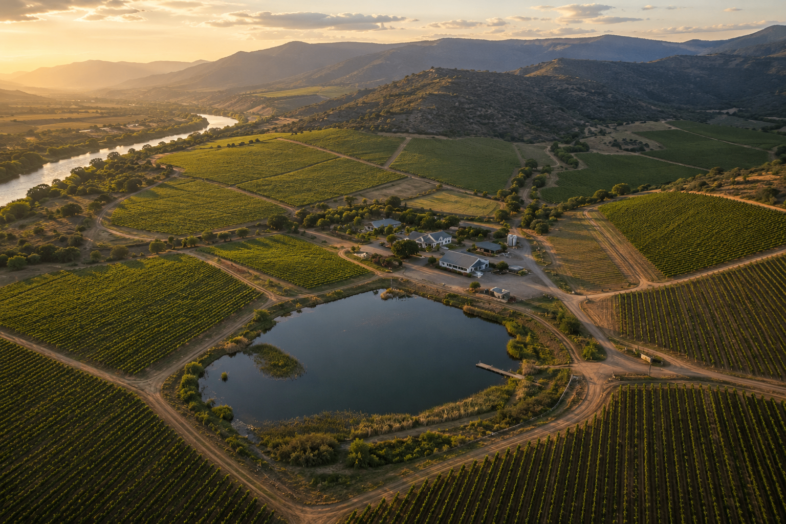 Aerial view of a vineyard estate with vineyards, river, dam, estate buildings and mountains at golden hour